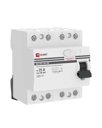 УЗО ВД-100 4P 25А 30мА тип AC эл-мех  PROxima (elcb-4-25-30-em-pro). Выключатель дифференциального тока (УЗО). EKF в Курске