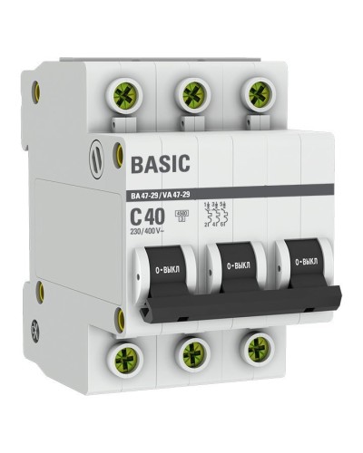 Автоматический выключатель 3P 40А (C) 4,5кА ВА 47-29 Basic (mcb4729-3-40C). Автоматический выключатель. EKF в Курске