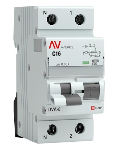 DVA-6 1P+N 16А (C) 30мА (AC) 6кА  AVERES (rcbo6-1pn-16C-30-ac-av). Автоматический выключатель дифференциального тока. EKF в Курске